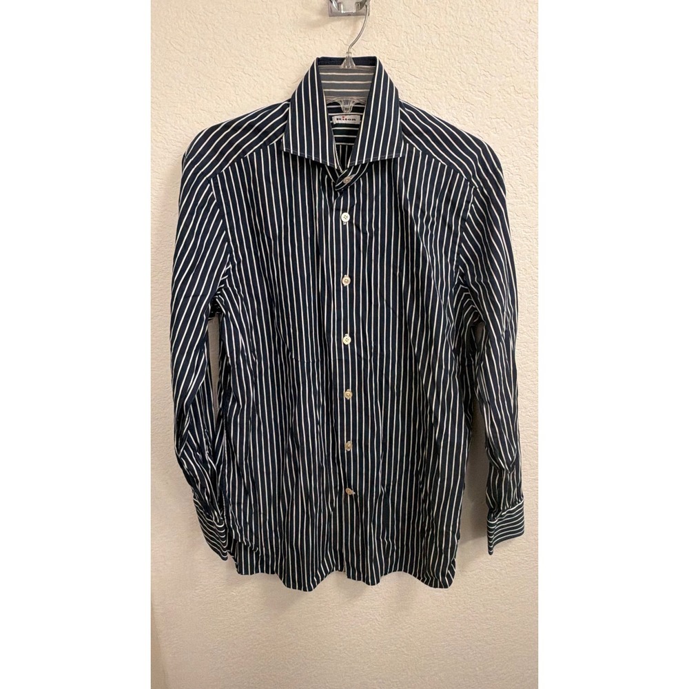Kiton Napoli Mens Dress Shirt Navy Blue White Striped Cotton Size 16 41 Italy